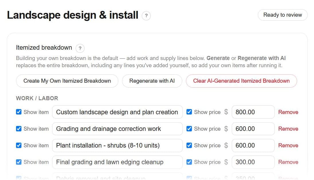 Fast Snap Pro dashboard showing a landscape design and install estimate marked Ready to review, with an itemized work and labor breakdown — landscape design, grading and drainage, shrub installation and cleanup — each line with an editable description and price